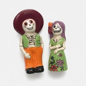Day of the Dead Sugar Skull Skeleton Couple Salt and Pepper Shakers Ceramic Set